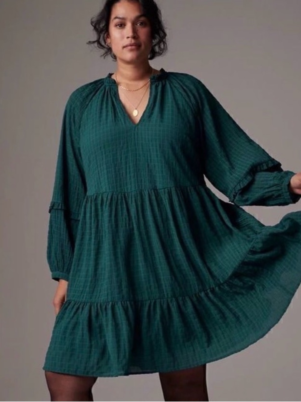 Anthropologie Deep Teal Tiered V-Neck Mini Dress